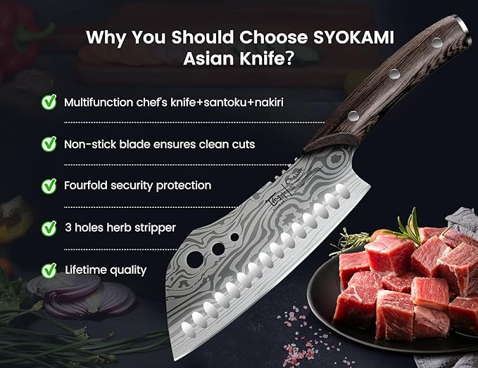 Cleaver Chef Knife with Herb Stripper, 7" Asian Kitchen Knife 3-in-1 Combined with Chef's Knife, Santoku, Nakiri for Slicing, Chopping, Dicing, Mincing, Housewarming Birthday Cooking Gifts