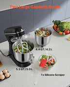 VEVOR Stand Mixer, 5.3QT + 4.4QT Two Stainless Steel Bowls, 10+P Speeds Tilt-head Food Mixer, Kitchen Mixer with Dough Hook, Wire Whip, Beater, Scraper, Household Stand Mixer for Baking Mixing, Black
