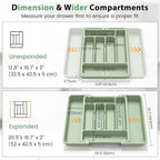 Caperci Large Silverware Organizer for Kitchen Drawer & Utensils - Expandable Drawer Organizer for Cutlery, Flatware & Gadget, BPA-Free Thick Plastic, Wider Compartments & Non-skid Feet (Sage Green)