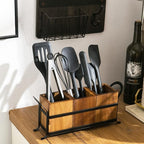 Utensil Caddy Silverware Cutlery Holder with 3 Compartment, Wooden Utensil Crock Flatware Organizers with Metal Tray, Rustic Kitchen Utensil Organizers for Farmhouse Kitchen and Countertop