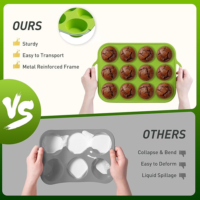 12 Cups Silicone Muffin Pan with Metal Reinforced Frame Regular Size Cupcake Pan Tray Egg Bites Silicone Circle Cookie Molds Muffin Tin Tart Pans Baking Sheet Set for Oven Dishwasher Safe