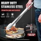 Tong for cooking, Walfos kitchen tongs set of 2 - Heat Resistant 600℉, Heavy Duty Locking Metal cooking Tongs, Stainless Steel BBQ Grilling,(All Metal 12in+16in)