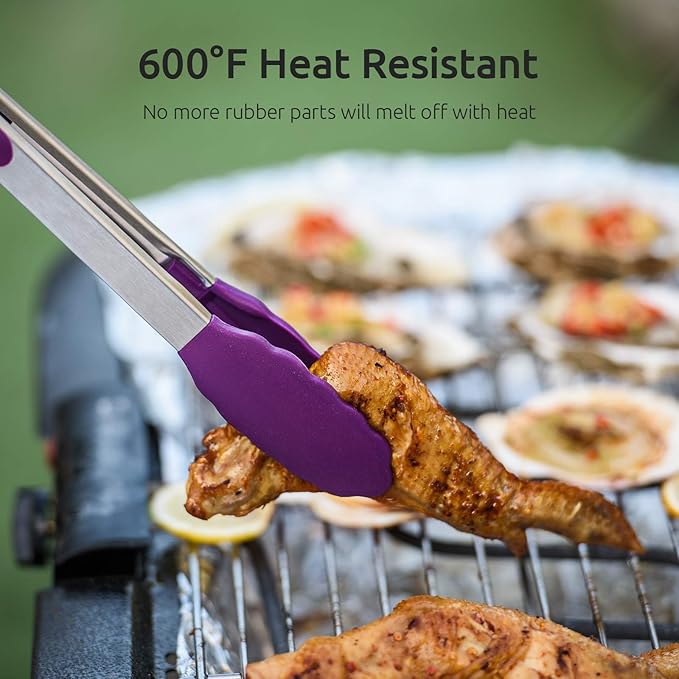 U-Taste Kitchen Tongs, 7/9/12 inches Cooking Tongs, with 600ºF High Heat-Resistant Non-Stick Silicone Tips, 18/8 Stainless Steel Handle, for Food Grill, Salad, BBQ, Frying, Serving, Pack of 3(Purple)