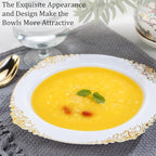 Nervure 50 Pack White Plastic Bowls with Gold Rim - 12oz Disposable Soup Bowls - Heavy Duty Dessert Bowl, Salad Bowl Perfect for Weddings, Parties, Thanksgiving and Everyday Use