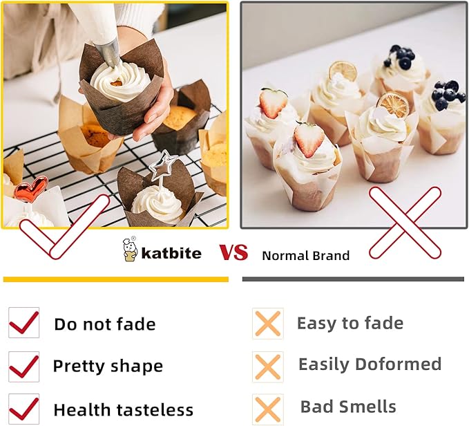 Katbite Tulip Cupcake Liners 200PCS, Muffin Baking Cupcake Liners Holders, Baking Cups, Cupcake Wrapper for Party, Wedding, Birthday, (Coffee)