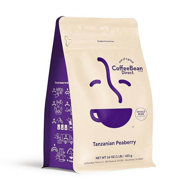 Coffee Bean Direct Tanzanian Peaberry, Whole Bean Coffee, Light Roast, 1 Pound Bag (Pack of 1)