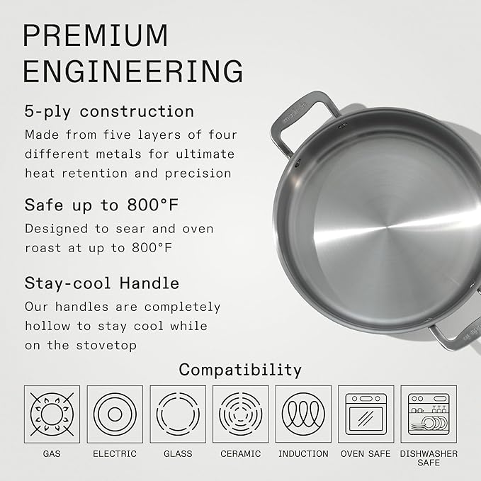 Made In Cookware - 6 Quart Stainless Steel Rondeau Pot w/Lid - 5 Ply Stainless Clad - Professional Cookware - Crafted in Italy - Induction Compatible