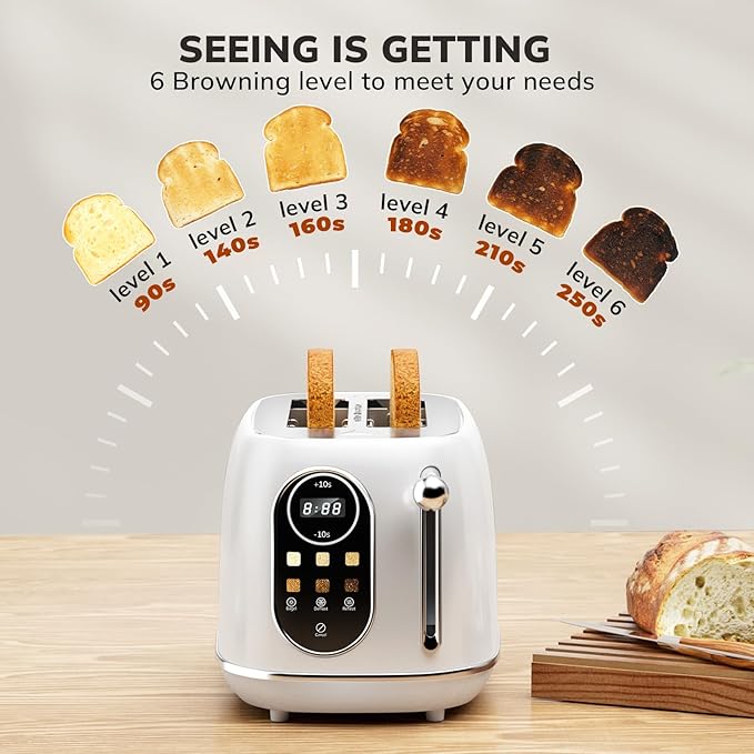 Keenstone Smart Touch Screen Toaster 2 Slice, Retro Wide Slot Stainless Steel Toaster with 6 Browning Levels, Reheat & Defrost, for Bagel, Toast, Bread, Removable Crumb Tray, White