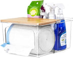 Trash Bag Dispenser Holder - 2 in 1 Clear Acrylic Plastic Garbage Bags Container With Bamboo Lid Storage Box for Kitchen Pantry Laundry Room Organization, Large Trash Bag Organizer Under Sink