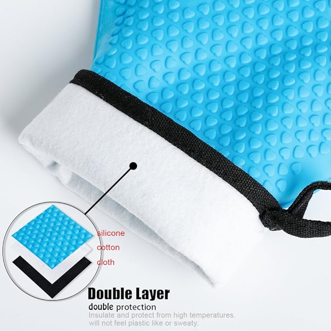Kitchen Oven Gloves - Dual-Layer Heat Resistant Grilling Gloves, Silicone Oven Mitts with 5 Fingers, Waterproof Non-Slip Pot Holder for Barbecue, Cooking, Baking (Small, Blue)