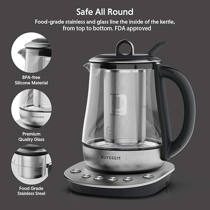 BUYDEEM K2423 Tea Maker, 316 Stainless Steel & Heat Resistant DURAN Glass Electric Kettle, 5 Temperature Settings, Removable Infuser, Auto Keep Warm, 1.2L