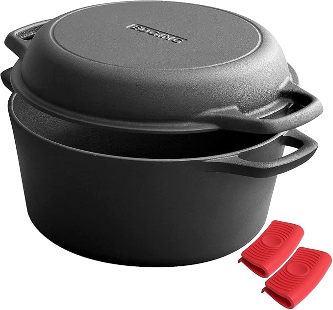 2-in-1 Pre-Seasoned Cast Iron Dutch Oven Pot with Skillet Lid Cooking Pan, Cast Iron Skillet Cookware Pan Set with Dual Handles, Indoor Outdoor for Bread/Frying/Baking/Camping/BBQ, 5 Qt