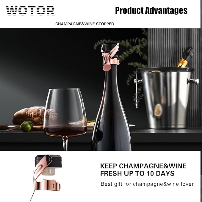 WOTOR Champagne&Wine Bottle Stoppers Stainless Steel with Food Grade Silicone, Leak Proof Keep Fresh Reusable Saver, Cork Suitable for Wine, Champagne, Cava, Prosecco and Sparkling (6 Pack Rosegold)