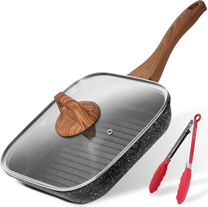 ESLITE LIFE 9.5 Inch Nonstick Grill Pan with Lid for Indoor Cooking, Versatile Induction Square Large Grilling Skillet Steak Pan for Stove Tops, PTFE & PFOA Free, Black