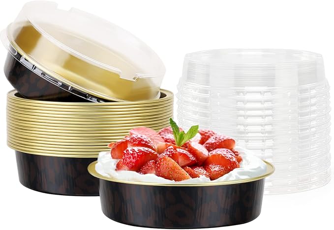 Beasea 20 Pack 4” Mini Pans with Lids, 8oz Disposable Aluminum Baking Foil Tins Round Small Black Dark Red Spot Container for Individual Cupcake Dessert Muffin Ramekin Cheesecake Quiche Oven Dishes