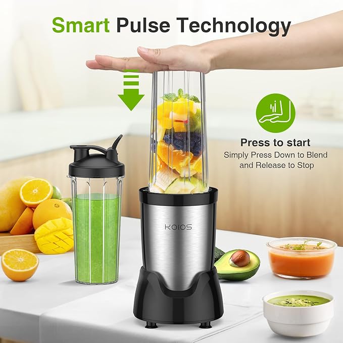 KOIOS Blender for Smoothies,Personal Blender for Shakes and Smoothies with 3 * 22oz To-Go Cups,22000 RPM Smoothie Maker,Detachable 6-leaf Blade Portable Blenders for kitchen,Black