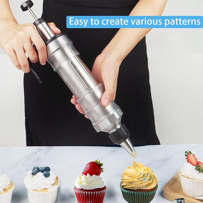 Dessert Decorating Syringe Set, Icing Piping Kit Stainless Steels Cake Decorating Tools 30 Piping Icing Nozzles Cupcake Decorating Kit - Black