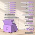 imarku® Kitchen Knife Set, Sharp Knives Set with Built-in Sharpener, Stainless Steel Block Knife Set and Non-Slip Ergonomic Handle, Dishwasher Safe, 14 PCS Professional Knife Set for Gift, Lavender