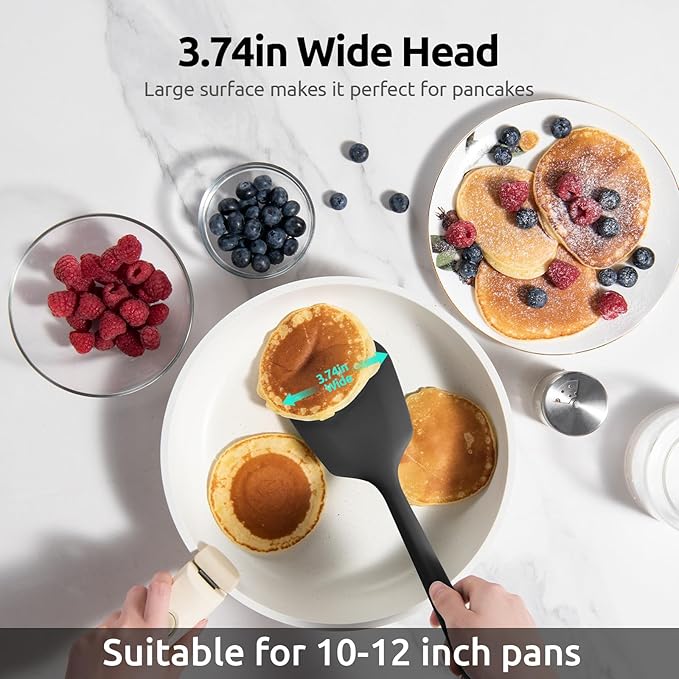 600ºF Heat Resistant Silicone Turner: U-Taste 13.6in Solid Kitchen Spatula Flipper, Food Grade Flexible & Thin Rubber Seamless Cooking Utensil for Flipping Egg, Pancake in Nonstick Cookware (Black)