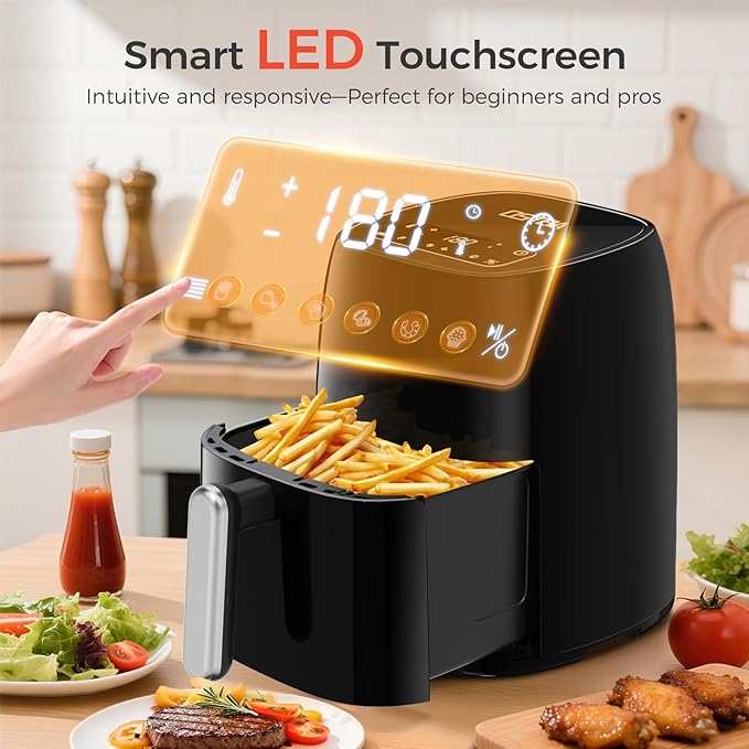 OSTBA 4.5QT Air Fryer with Tempered Glass LED Touch Screen, 6 Presets One-Touch Cooking, Adjustable Temp & Time, Dishwasher Safe Nonstick Basket, Oil-Free Healthy Cooking, 1–4 People