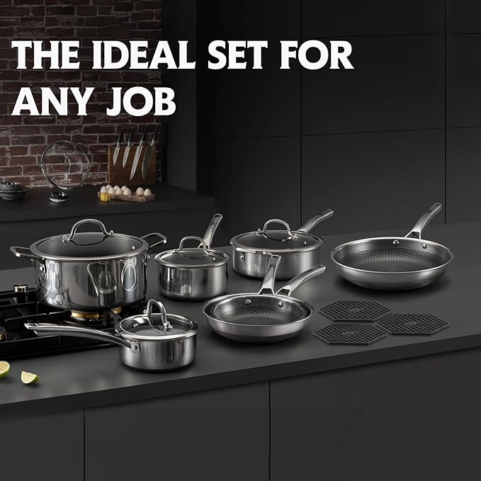 Pots and Pans Set Non Stick, 14 Pcs Hybrid Stainless Steel Cookware Sets, Non Stick Frying Pans, Saucepans, Saute Pan & Stock Pot, PFOA Free Kitchen Skillet,Induction Compatible