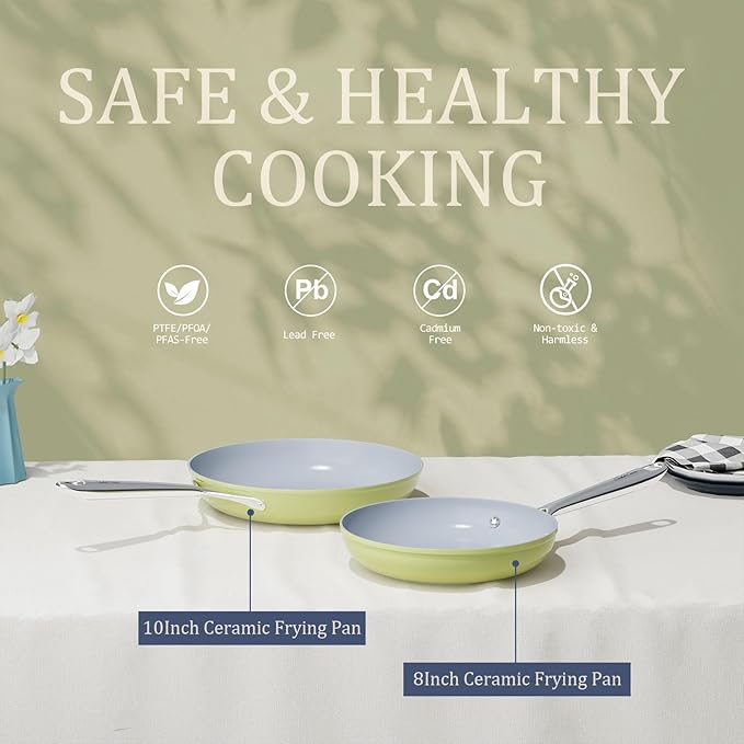 Nonstick Ceramic Frying Pan 10" Non Toxic Cooking Skillet for Eggs Pancakes & Stir Fry Even Heat Distribution PTFE/PFOA/PFAS Free Oven Safe Up to 500°F All Cooktops Compatible, Olive Green