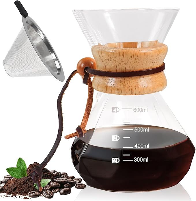Pour Over Coffee Pot Set 600ml Features 304 Stainless Steel Filter Glass Coffee Pot with High Borosilicate Glass Duckbill Spout Design Solid Wood Handle Pour Over Coffee Drippers Daily Brewing