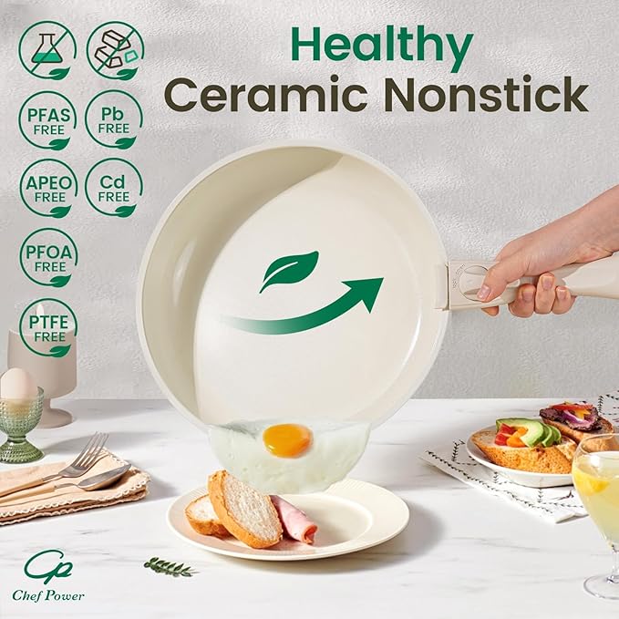 Chef Power Ceramic Cookware Set Non Toxic with Detachable Handles, Healthy Nonstick Pans and Pots Set 19 Pcs, Induction Dishwasher Oven Safe Kitchen Set, PFAS PFOA & PTFE Free, Cream White