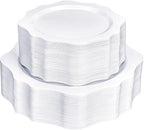 100 PCS White Disposable Plates for 50 Guests, Scalloped Plastic Plates Include 50 Dinner Plates and 50 Dessert Plates for Party, Wedding