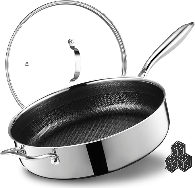 12 Inch Frying Pan Nonstick with Lid, 5.6QT Hybrid Ceramic Deep Saute Pan & Skillet, Tri-Ply Stainless Steel for Even Heat, PFOA/PFOS Free, Induction & Oven Safe