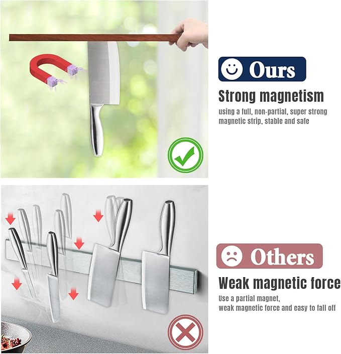 Dmore magnetic knife holder for wall—with 2 hooks, No Drilling 23 Inch walnut knife magnetic strip, Powerful knife magnet rack, include Adhesive Tape and screws for Knives, Utensils, and Tools