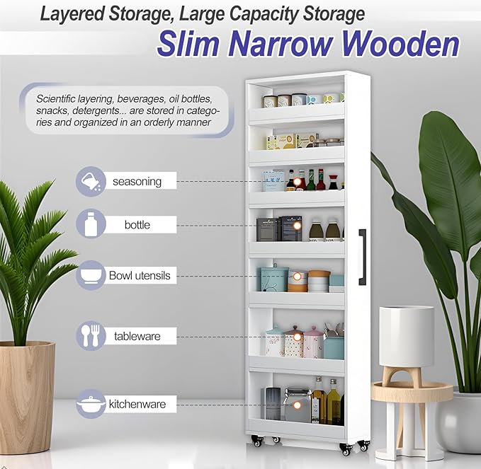 7-Tier Slim Storage Cart, Wooden Rolling Pantry Cabinet with Wheels, Narrow Shelf Organizer for Kitchen, Bakers Rack, Dining Room, Closet, Small Spaces Light Walnut 73.2''H*5.9''W*23.6''D