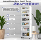 7-Tier Slim Storage Cart, Wooden Rolling Pantry Cabinet with Wheels, Narrow Shelf Organizer for Kitchen, Bakers Rack, Dining Room, Closet, Small Spaces Gray 47.2" H*9.8" W*16.9" D