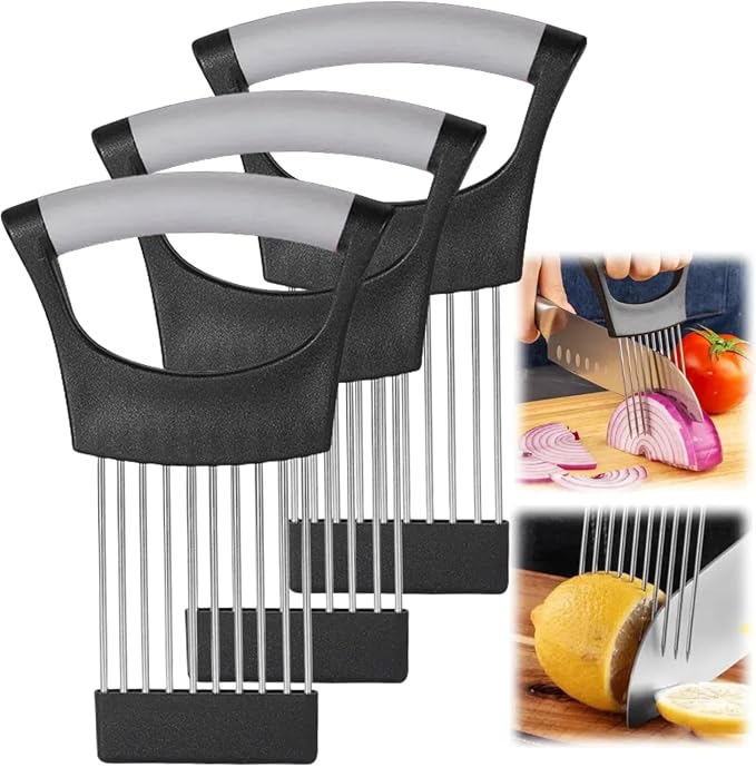 Onion Slice Holder, 2024 New Stainless Steel Holder for Slicing, Chopper Assistant Tool, Cutter for Meat, Onion, Potato, Tomato Kitchen Gadgets (Grey, 3 Pack)
