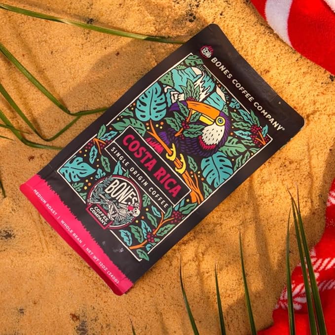 Bones Coffee Company Costa Rica Single-Origin, Cocoa, Nutty and Milk Chocolate Notes, Whole Coffee Beans, Low Acid Medium Roast Arabica Beans Flavored Coffee for Auto drip, 12 oz Whole Bean