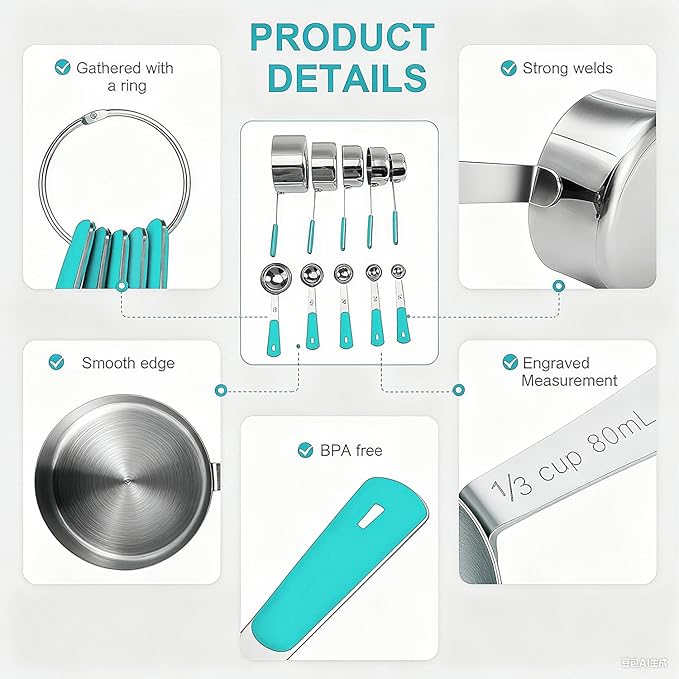 Measuring Cups and Spoons Set, Stainless Steel 10 Piece for Cooking and Baking (5 Cups + 5 Spoons, Aqua Sky Handle)