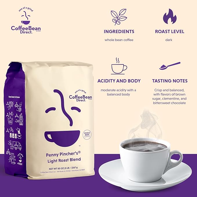 Coffee Bean Direct Penny Pincher's® Light Roast Blend, Whole Bean, 5 lb Bag