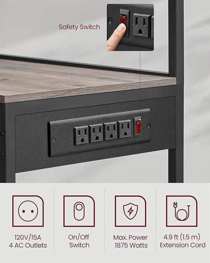 VASAGLE Bakers Rack with Power Outlet, 35.4 Inches Microwave Stand, Coffee Bar, 4 AC Outlets, with Adjustable Shelves, 8 S-Hooks, Basket, Spice Racks, Heather Greige and Ink Black UKKS031K02