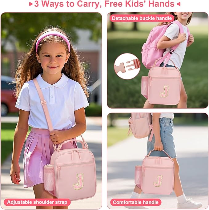 Initial Insulated Lunch Bag for Girls Kids, Back to School Gift, Reusable Leak-proof Lunch Box with Adjustable Strap for School Daycare Travel Picnic (Pink,J)