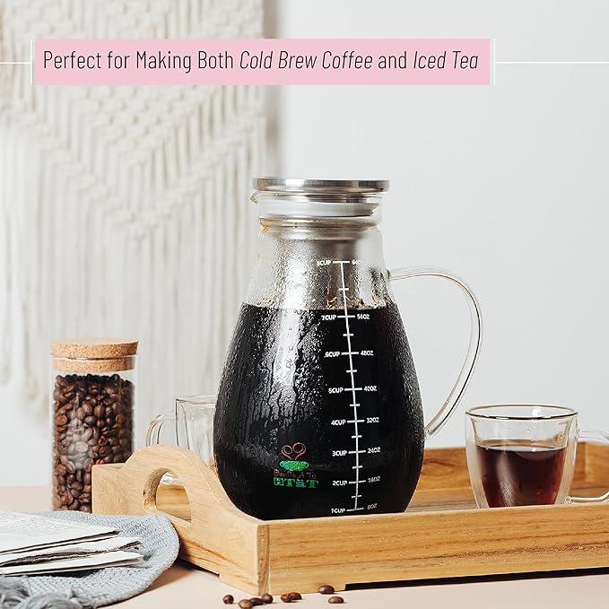 BTaT- Cold Brew Coffee Maker, Iced Coffee Maker, 2 Liter (2 Quart, 64 oz), Iced Tea Maker, Cold Brew Maker, Tea Pitcher, Coffee Accessories, Iced Tea Pitcher, Cold Brew System, Cold Brew Pitcher