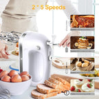 Hand Mixer Electric, 400W Food Mixer 5 Speeds Handheld Blender, 5 Stainless Steel Accessories, Storage Box, Kitchen Blender with Cord for Cream, Cookies, Dishwasher Safe, White