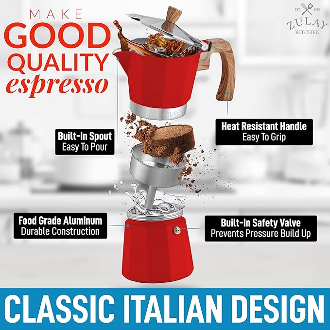 Zulay Kitchen Stovetop Espresso Maker - Moka Pot 3 Espresso Cups - Percolator Coffee Maker for Classic Cuban & Italian Style Espresso - Portable Coffee Maker for Camping & Travel - (Red)