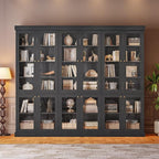 70.8" Bookshelf with Glass Doors, Farmhouse Modular Bookcase with 6-Tier Adjustable Shelves, Large Storage Cabinet for Living Room & Home Office, Set of 3, Black