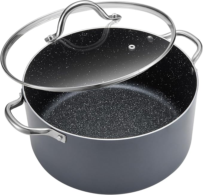 BEZIA 6 Quart Cooking Pot, Non Stick Induction Stock Pots with Lid, All Stove Compatible, 6 QT Aluminum Soup/Stew Pot For Small Households, Grey