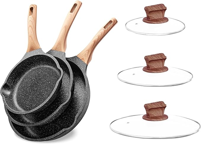 Non Stick Frying Pan Set with Lids, Granite Skillet Set, Egg Omelette Pans for Cooking Pan Set, No Toxic Kitchen Cookware Set Compatible with All Stovetops (Gas & Induction), PFOA Free, Gift