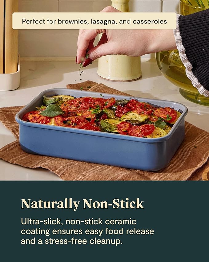 Caraway Nonstick 9” x 6.5” Small Rectangle Baking Pan Duo – Non-Toxic, PTFE & PFOA Free – Aluminized Steel Core – Deep Ceramic Baking Pan for Casseroles, Lasagna & More - Marigold