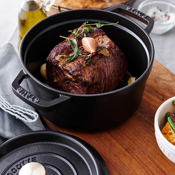 STAUB Cast Iron Dutch Oven 4-qt Round Cocotte, Made in France, Serves 3-4, Matte Black