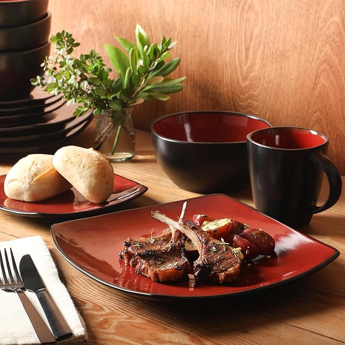 Gibson Soho Lounge Square Reactive Glaze Dinnerware Set, Red, Service for 4 (16pcs)