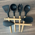 Silicone Kitchen Utensils Set of 6, Cooking Utensils Set with Heat Resistant Wooden Handle, Nonstick Silicone Spatula Spoon Turner Ladle, Cooking Kitchen Gadget for Cookware & Baking BPA FREE