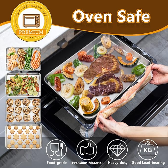 P&P CHEF 16 Inch Stainless Steel Baking Sheet with Rack Set (2 Pans+ 2 Racks), Cookie Sheets Baking Trays and Cooling Wire Racks, Oven & Dishwasher Safe, Pans with Flat Racks